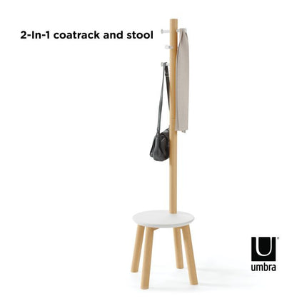 Umbra ピラー スツールコートラック ホワイト 21014257668 コートハンガー スツール コートラック ウッド アンブラ ポールハンガー コート掛け スタンド 小物置き 玄関 リビング(代引不可)