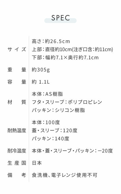 日本製 冷水筒 スリムジャグ 1.1L 冷蔵庫に収まる 横置き 縦置き スリム コンパクト 耐熱 麦茶ポット ピッチャー 水差し ティーポット 熱湯OK 麦茶 冷水ポット 約1L 約1リットル(代引不可)