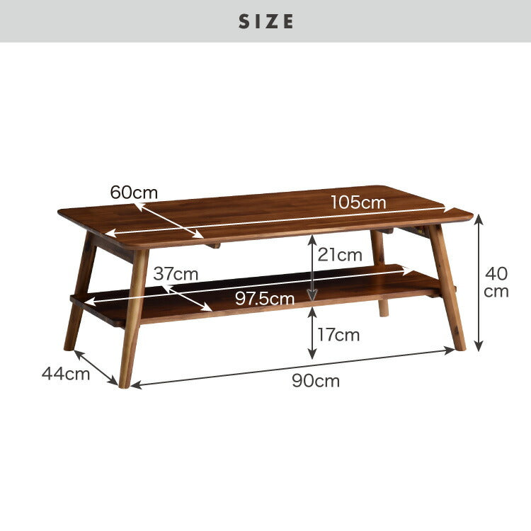 センターテーブル 幅105cm 高さ40cm ローテーブル アカシア テーブル 折りたたみ 棚板付き 折れ脚 木製 木目 サイドテーブル 収納 家具 コンパクト リビング テレワーク(代引不可)