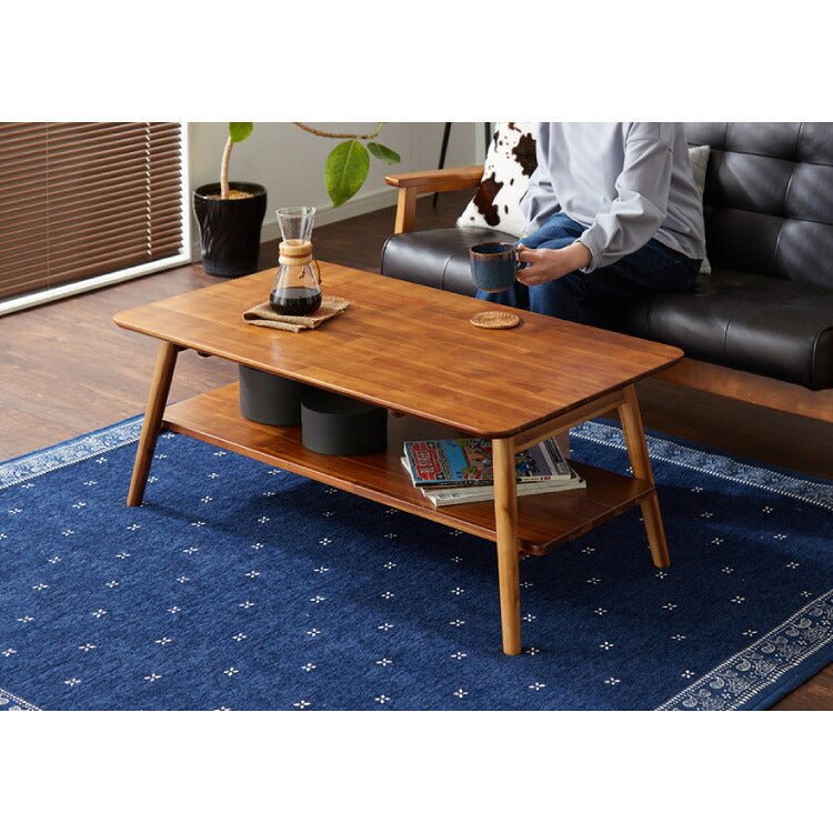 センターテーブル 幅105cm 高さ40cm ローテーブル アカシア テーブル 折りたたみ 棚板付き 折れ脚 木製 木目 サイドテーブル 収納 家具 コンパクト リビング テレワーク(代引不可)