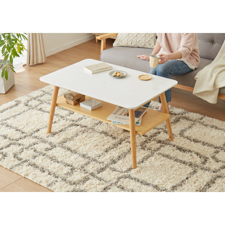 センターテーブル 幅90cm 高さ50cm ローテーブル ホワイト テーブル 折りたたみ 棚板付き 折れ脚 木製 木目 サイドテーブル 収納 家具 コンパクト リビング テレワーク(代引不可)