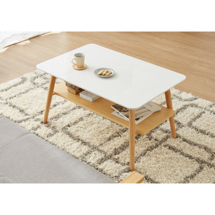 センターテーブル 幅90cm 高さ50cm ローテーブル ホワイト テーブル 折りたたみ 棚板付き 折れ脚 木製 木目 サイドテーブル 収納 家具 コンパクト リビング テレワーク(代引不可)