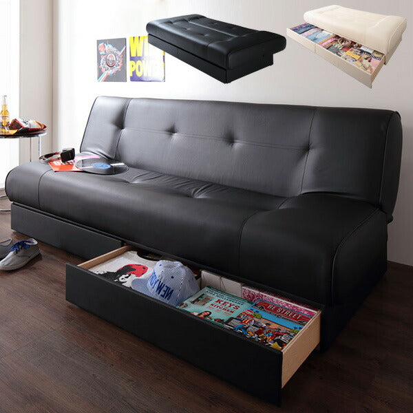ソファベッド ソファーベッド 引き出し収納付き ソファベッド ブラック黒 アイボリー シングルサイズ 幅190cm 日本製 ソファーベッド 合皮 合成皮革 2人掛け 2Pソファ ソファーベット リクライニングソファー【Buffalo】バッファロー(代引不可)