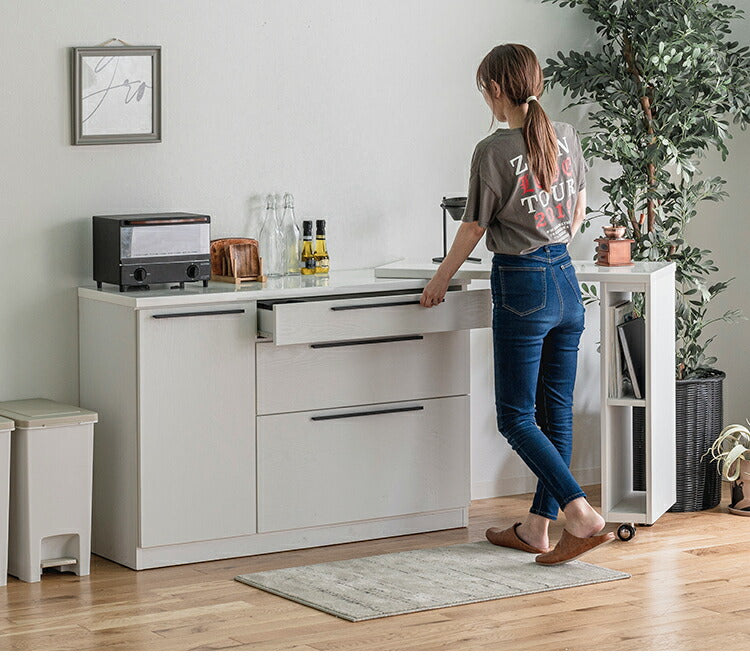 カウンター 伸縮カウンター 幅136~207cm 木目調 ホワイト おしゃれ 北欧 コンパクト オープン収納 引出し キッチン収納 レンジ台 キッチンラック 収納棚 新生活 一人暮らし(代引不可)