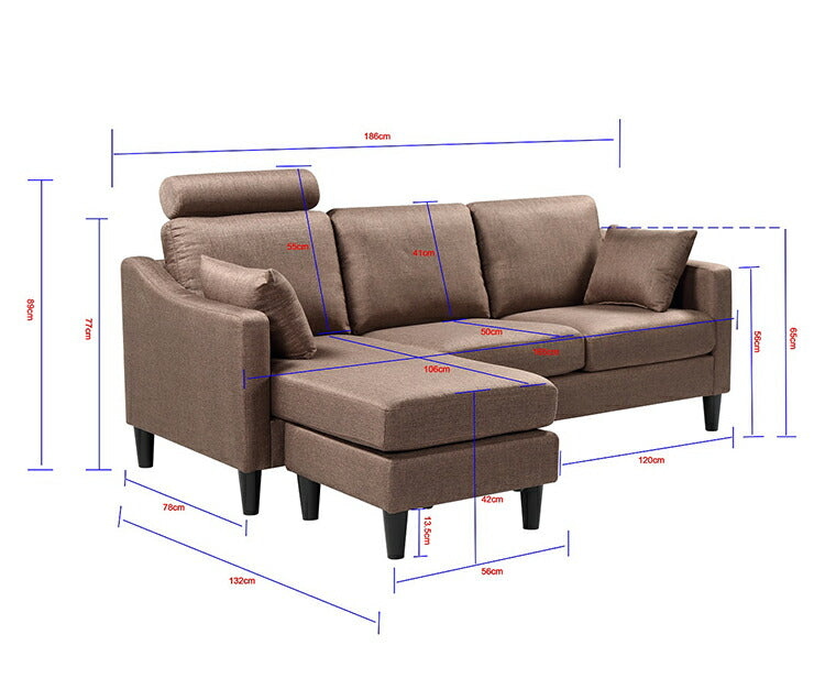 カウチソファ 3P 3人掛け 幅186cm 奥行78cm オットマン クッション2個付き ファブリック おしゃれ 北欧 ヘッドレスト リビングソファ フロアソファ ソファー ソファ(代引不可)