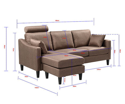 カウチソファ 3P 3人掛け 幅186cm 奥行78cm オットマン クッション2個付き ファブリック おしゃれ 北欧 ヘッドレスト リビングソファ フロアソファ ソファー ソファ(代引不可)