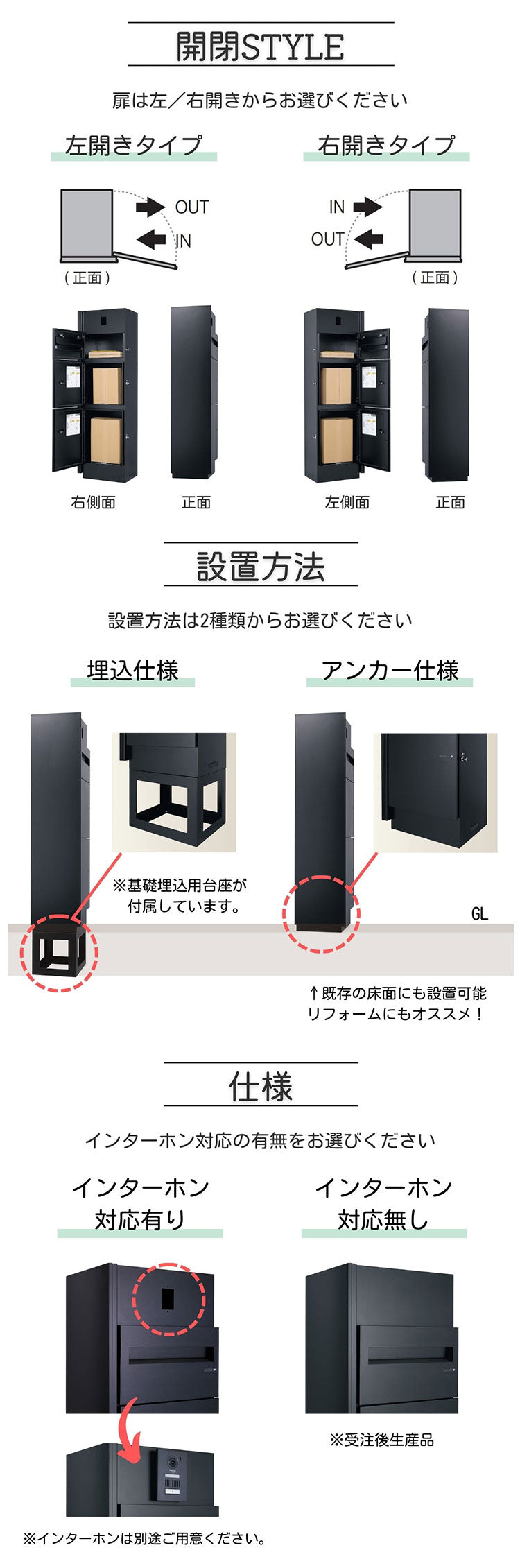ミース 埋込仕様 インターホン対応有り 左開きタイプ 宅配ボックス
