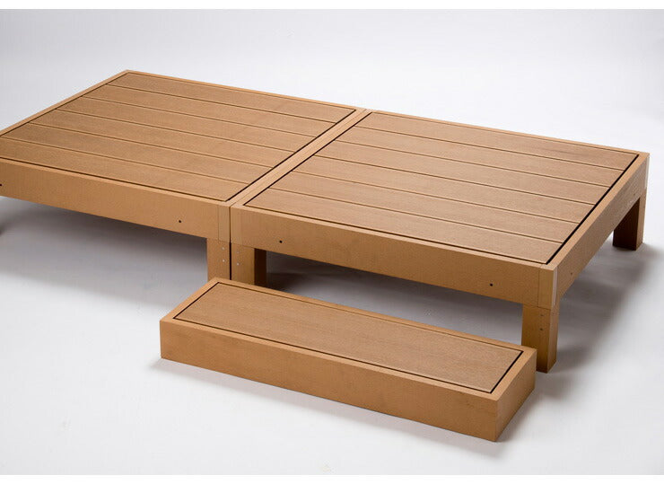 【人工木 ウッドデッキ 本体2点+踏み台+コーナーパネル 4点セット】樹脂 縁台 DIY 腐りにくい 水洗い 連結 ウッドパネル ステージ 北欧(代引不可)