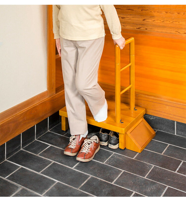 手すり付玄関台 幅60cm 玄関 踏み台 片側手すり付き 60cm幅 高齢者 ステップ 60幅 手すり 木製 収納 昇降補助 介護 転倒防止 補助具 玄関ステップ 段差 靴 昇降台 足場 収納