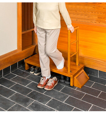 手すり付玄関台 幅90cm 玄関 踏み台 片側手すり付き 高齢者 ステップ 手すり 木製 収納 昇降補助 介護 転倒防止 補助具 玄関ステップ 段差 靴 昇降台 足場 収納