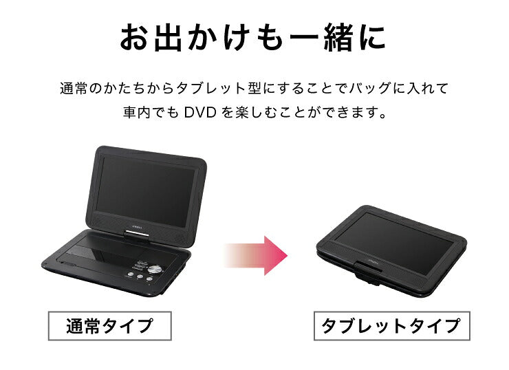 ポータブルDVDプレーヤー 10.1インチ 車載バッグ付 61万画素 CPRM対応 充電 AC DC 3電源対応 外部出力機能 バッテリー内蔵 リモコン付 180度回転 折り畳める 旅行 simplus シンプラス SP-PDV10BT
