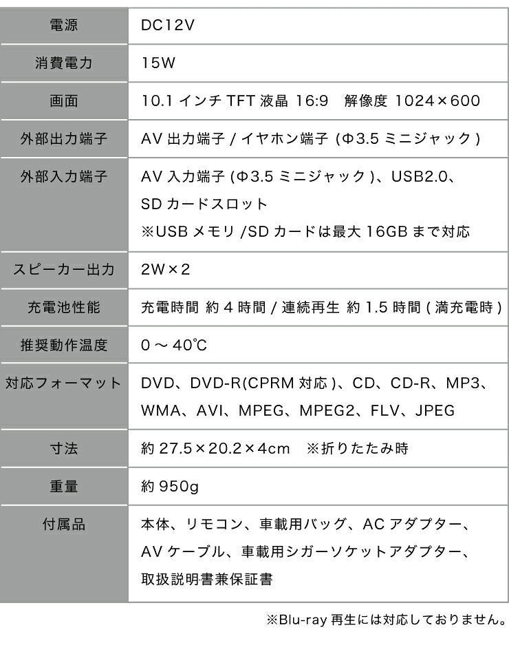 ポータブルDVDプレーヤー 10.1インチ 車載バッグ付 61万画素 CPRM対応 充電 AC DC 3電源対応 外部出力機能 バッテリー内蔵 リモコン付 180度回転 折り畳める 旅行 simplus シンプラス SP-PDV10BT