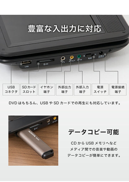 ポータブルDVDプレーヤー 10.1インチ 車載バッグ付 61万画素 CPRM対応 充電 AC DC 3電源対応 外部出力機能 バッテリー内蔵 リモコン付 180度回転 折り畳める 旅行 simplus シンプラス SP-PDV10BT