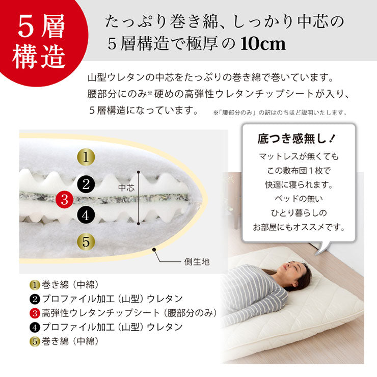 日本製 五層 敷き布団 防臭 帝人マイティトップ使用 防菌 シングル セミダブル ダブル 厚さ10cm 極厚 ウレタン ふとん 敷布団 体圧分散 防ダニ 底付き防止 国産 底付き防止 国産(代引不可)
