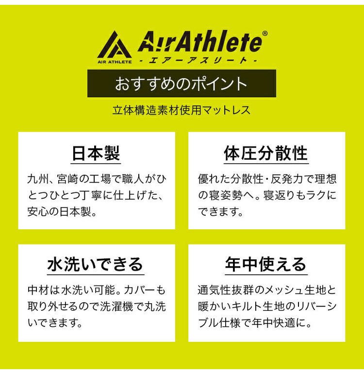 エアーアスリート 立体構造素材使用 1枚もの マットレス セミダブル 年中使える耐圧分散マット 日本製 寝返りラクラク 通気性抜群 透水性 耐久性 高反発 防臭 硬め かため(代引不可)