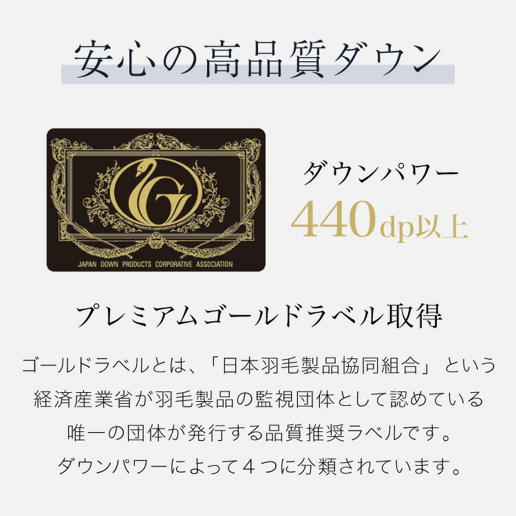 【購入者全員にめぐりズムプレゼント中！】プレミアムゴールドラベル 羽毛布団 95% 充填量1.0kg 日本製 ホワイトグースダウン シングルロング 150×210cm ダウンパワー440dp 国産 羽毛ふとん 掛け布団 羽毛 洗える 保温性 高級感 高品質