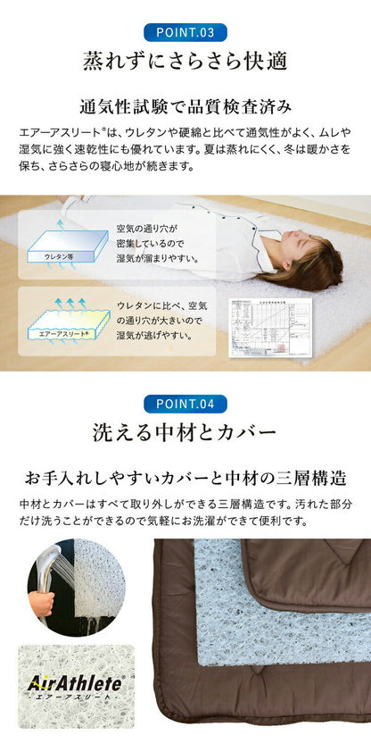樹脂綿 全部洗える エアーアスリート 脱着式布団 日本製 セミダブル 120×200cm 3次元スプリング構造 敷布団 マットレス 高反発 耐久性 通気性 透水性 体圧分散 ヘたりにくい 洗える(代引不可)