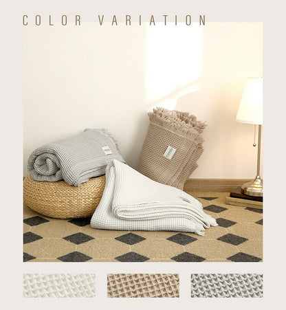 【2枚セット】 ワッフルケット シングル フリンジ付き かわいい 韓国インテリア 綿100% タオルケット ブランケット 大判 夏用 洗える 肌掛け布団 夏掛け布団 マルチカバー(代引不可)