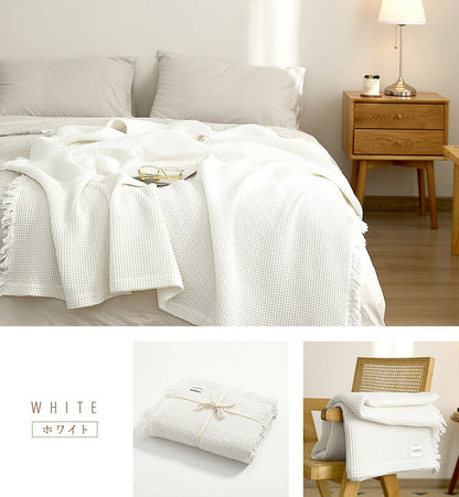 【2枚セット】 ワッフルケット シングル フリンジ付き かわいい 韓国インテリア 綿100% タオルケット ブランケット 大判 夏用 洗える 肌掛け布団 夏掛け布団 マルチカバー(代引不可)