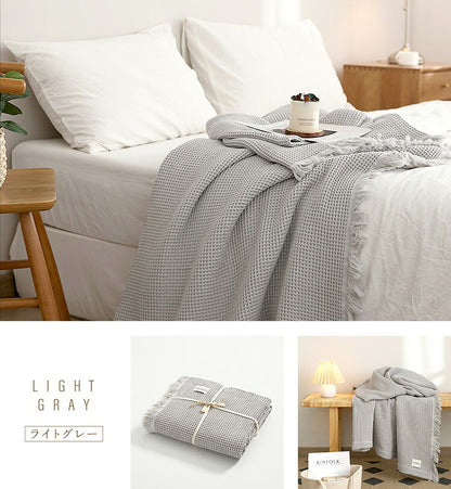 【2枚セット】 ワッフルケット シングル フリンジ付き かわいい 韓国インテリア 綿100% タオルケット ブランケット 大判 夏用 洗える 肌掛け布団 夏掛け布団 マルチカバー(代引不可)