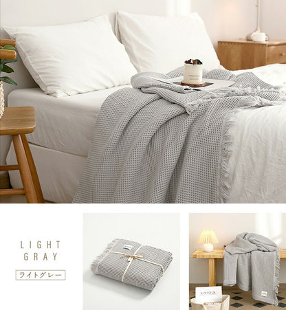 ワッフルケット シングル フリンジ付き かわいい 韓国インテリア 綿100% タオルケット ブランケット 大判 夏用 洗える 肌掛け布団 夏掛け布団 マルチカバー(代引不可)