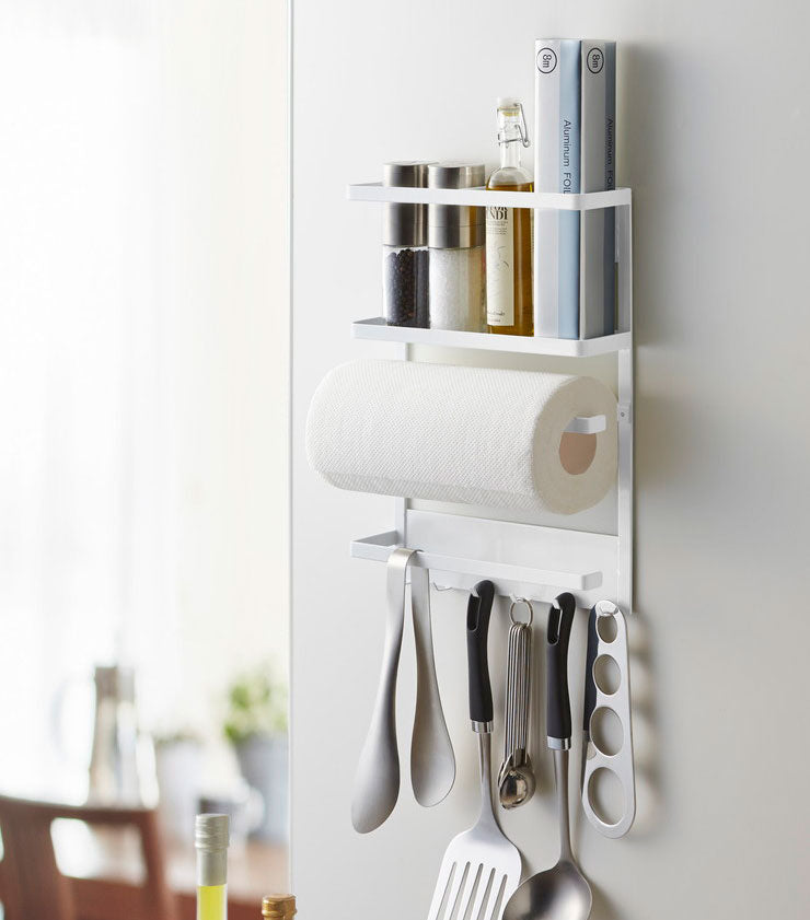 山崎実業 マグネット 冷蔵庫サイドラック プレート Plate ホワイト キッチンペーパー ラップ ホルダー フック 冷蔵庫 磁石 収納