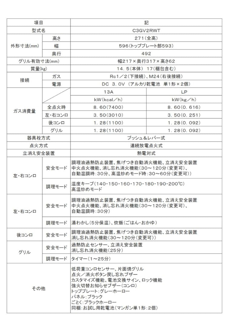 ビルトインガスコンロ ノーリツ プロパンガス用 両側強火タイプ N3GV2RWTQ1 LPG メタルトップ キッチン ガスコンロ
