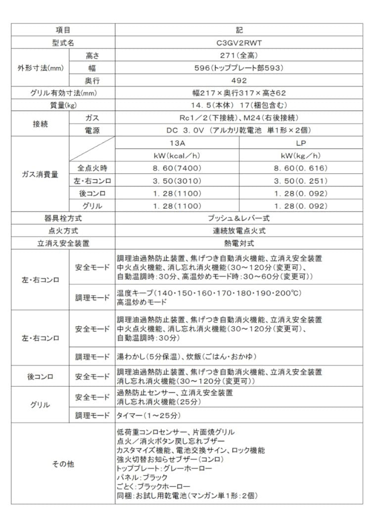 ビルトインガスコンロ ノーリツ ブラック N3GV2RWTQ1 12A13A メタルトップ 都市ガス用 両面強火タイプ キッチン