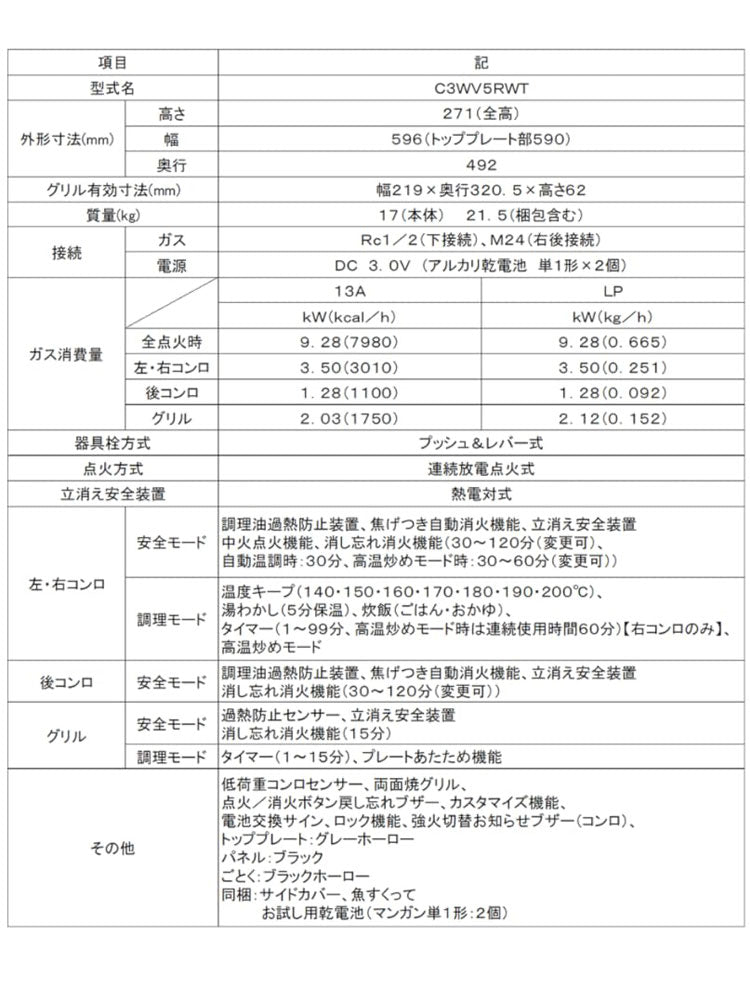 ビルトインガスコンロ ノーリツ N3WV5RWTQ1 LPG ブラック メタルトップ 3口ガスコンロ 両面焼きプロパンガス用