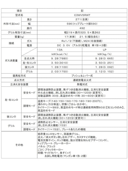 ビルトインガスコンロ 都市ガス用 ノーリツ 左右強火力 N3WV5RWTQ1 12A13A メタルトップ ブラック 無水両面焼き