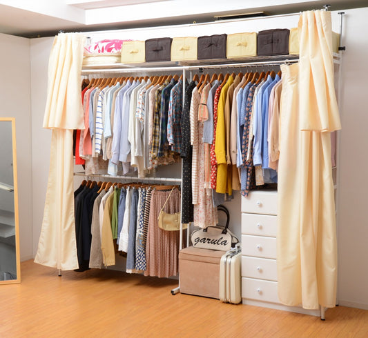 突っ張り式 クローゼットハンガー カーテン付き ワイドタイプ 幅118.5～202.5cm つっぱり棚 クローゼット収納 洋服 ワードローブ (代引不可)