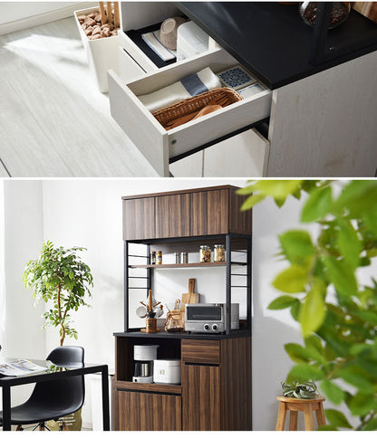 ウッドとスチールの食器棚 幅90cm 大型レンジ対応 キッチンボード キッチンキャビネット レンジ台 キッチン収納 スチールラック(代引不可)