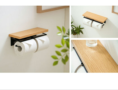 トイレットペーパーホルダー おしゃれ 木製 ツインタイプ ダブル 2連 スチール 木 棚付き ナチュラル シンプル 北欧 トイレ収納 飾り棚 ペーパーホルダー ラック トイレットペーパー トイレ 【TAO】【タオ】