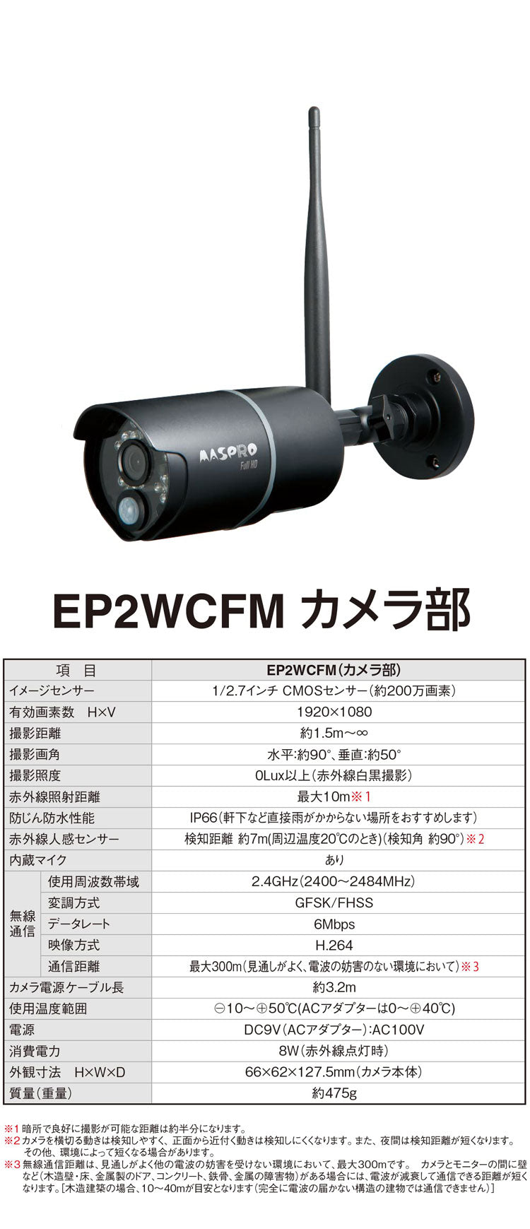 モニター&ワイヤレスHDカメラセット EP2WCFM 7インチモニター 防犯カメラ 監視 録画 ワイヤレスカメラ ホームセキュリティ 簡単接続 スマホで確認 マスプロ電工