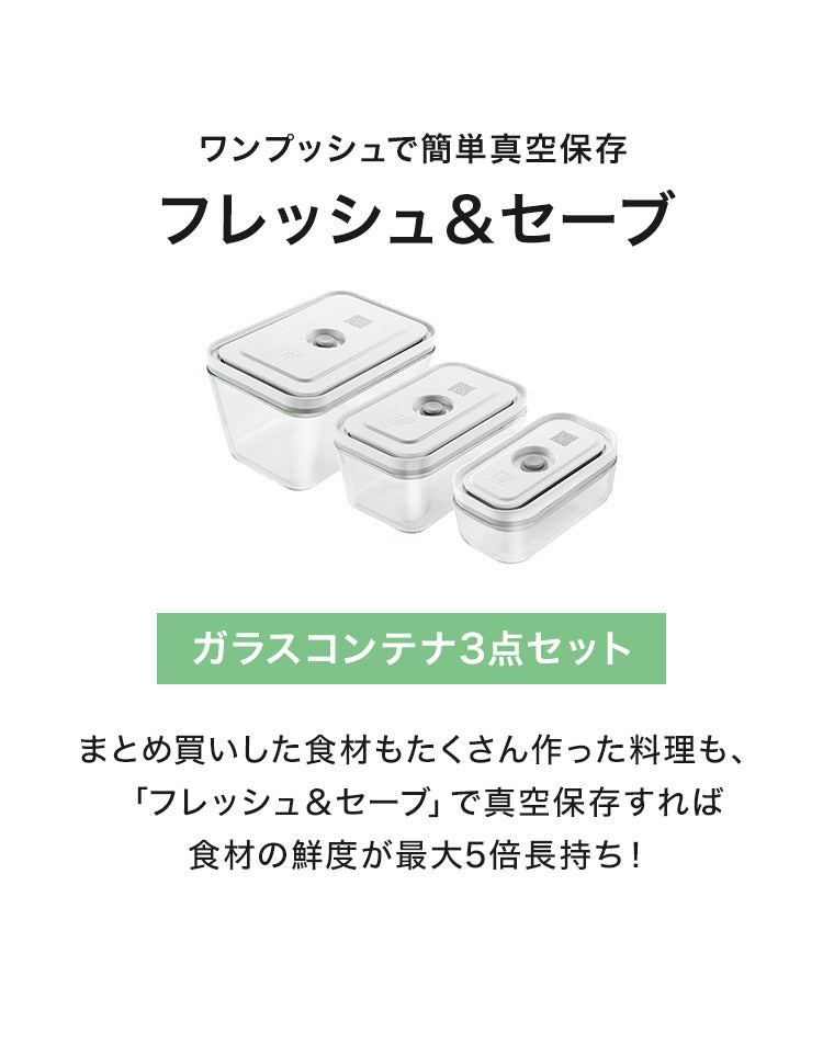 フレッシュ&セーブ 真空保存容器 ガラスコンテナ3点セット S M L 追加コンテナ 追加購入 密閉 鮮度長持ち 5倍長持ち 湿気 酸化防止 真空調理 ガラス容器 保存容器 冷凍 冷蔵 ツヴィリング