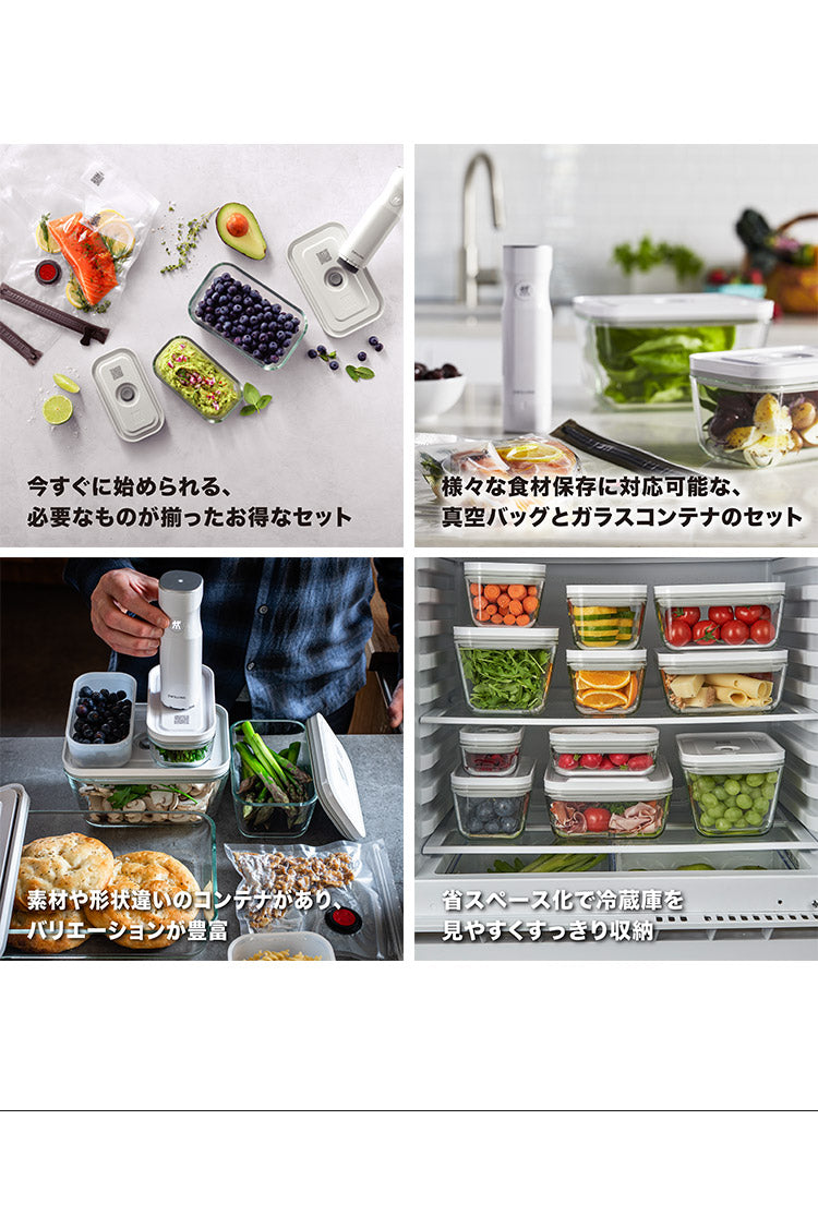 フレッシュ&セーブ 真空保存容器 7点セット スターターセット 真空ポンプ ガラスコンテナ S M バッグ 密閉 5倍 鮮度長持ち 湿気 酸化防止 真空調理 ガラス容器 保存容器 冷凍 冷蔵 ツヴィリング