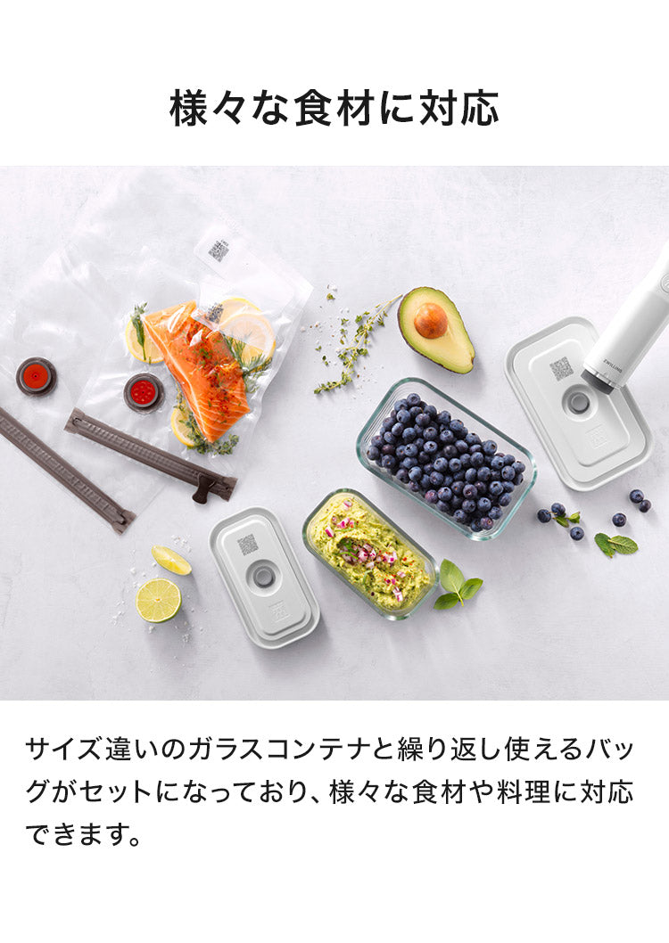 フレッシュ&セーブ 真空保存容器 7点セット スターターセット 真空ポンプ ガラスコンテナ S M バッグ 密閉 5倍 鮮度長持ち 湿気 酸化防止 真空調理 ガラス容器 保存容器 冷凍 冷蔵 ツヴィリング