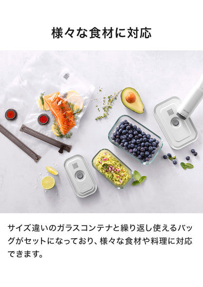 フレッシュ&セーブ 真空保存容器 7点セット スターターセット 真空ポンプ ガラスコンテナ S M バッグ 密閉 5倍 鮮度長持ち 湿気 酸化防止 真空調理 ガラス容器 保存容器 冷凍 冷蔵 ツヴィリング