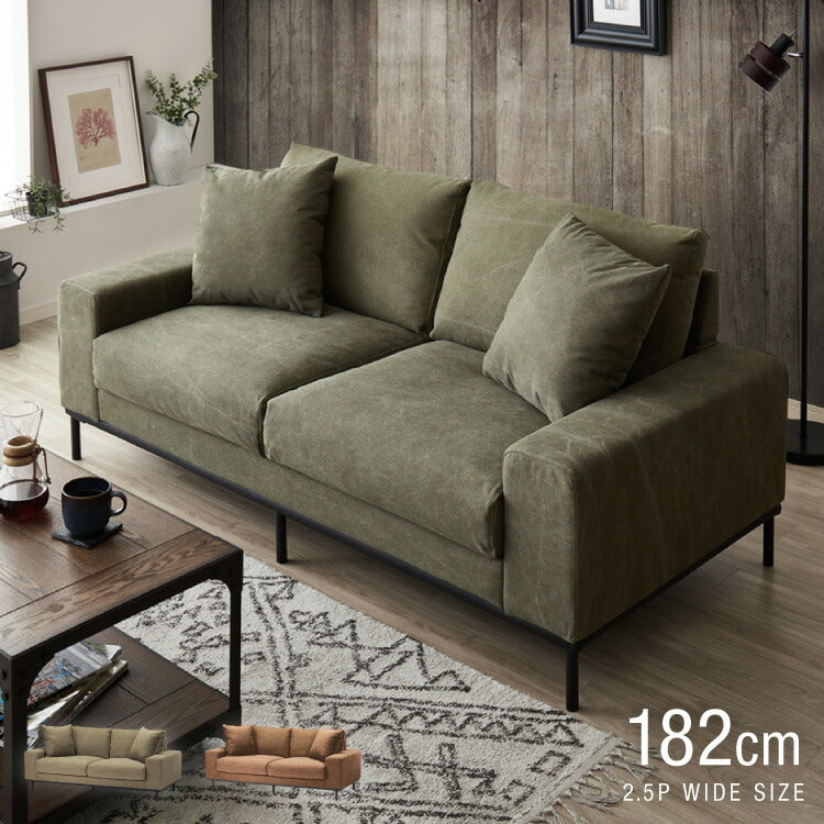 ソファ ソファー キャンバス 帆布 幅182 完成品 開梱設置無料 3人掛け 2人掛け フェザー ポケットコイル 脚付き 北欧 西海岸 カーキ グリーン キャメル インダストリアル(代引不可)