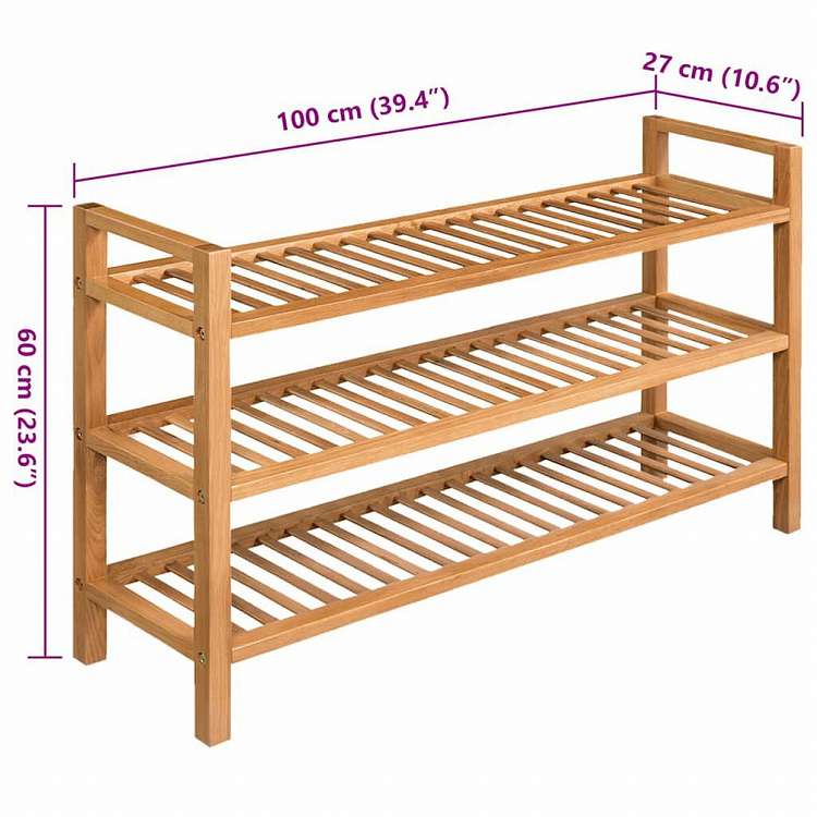 vidaXL シューズラック 棚3点付き 100x27x60cm オーク無垢材ホーム&ガーデン 家事用品 収納&オーガナイザー 衣類・ワードローブ収納 シューズラック・整理収納(代引不可)