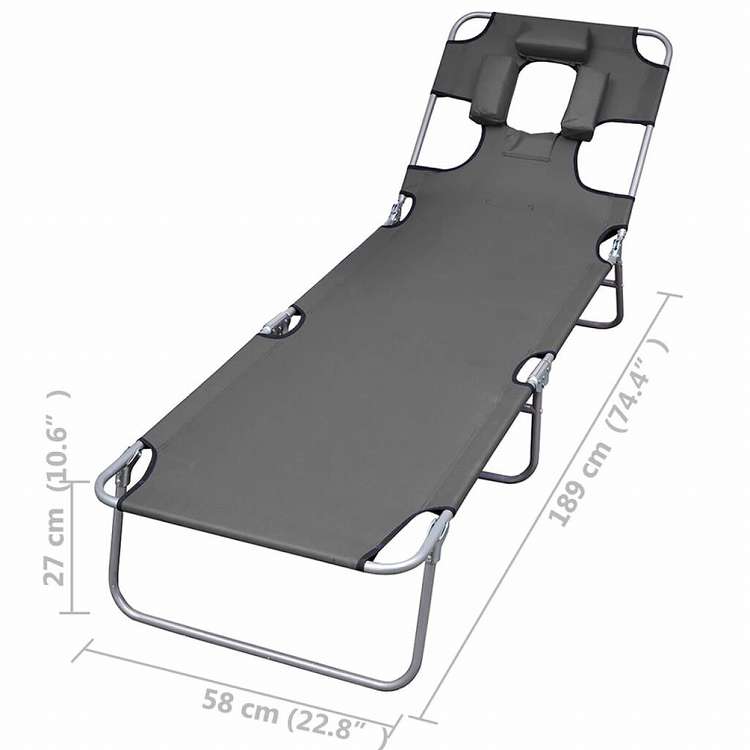 vidaXL 折りたたみサンラウンジャー 調節可能な背もたれ&ヘッドクッション付き グレー家具 アウトドア家具 屋外椅子 サンラウンジャー(代引不可)