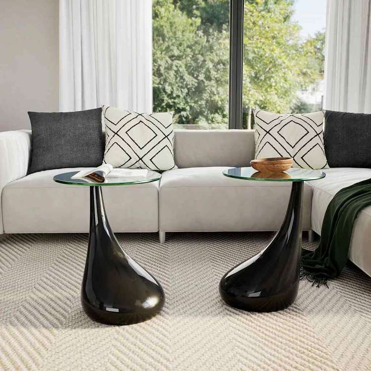 vidaXL コーヒーテーブル 2点 丸型ガラストップ付き ハイグロスブラック家具 テーブル アクセントテーブル コーヒーテーブル(代引不可)