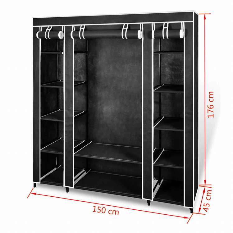 vidaXL ワードローブ 布製 コンパートメント&吊り下げ棒付き 45x150x176cm ブラック家具 キャビネット&収納 戸棚・ワードローブ(代引不可)