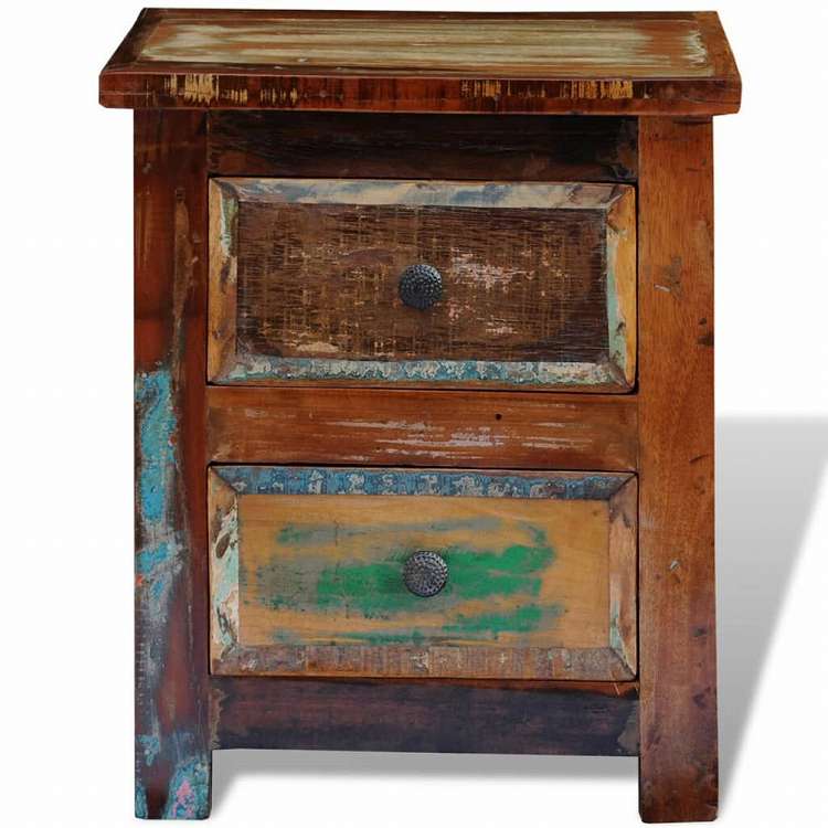 vidaXL ナイトテーブル 引き出し2段付き 無垢の再生木製家具 テーブル ベッドサイドテーブル(代引不可)