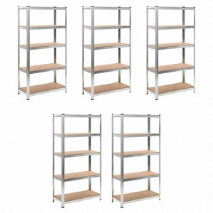vidaXL 頑丈な5段シェルフ 5点 シルバースチール&エンジニアリングウッドビジネス&工業用 工業用収納 業務用収納棚(代引不可)