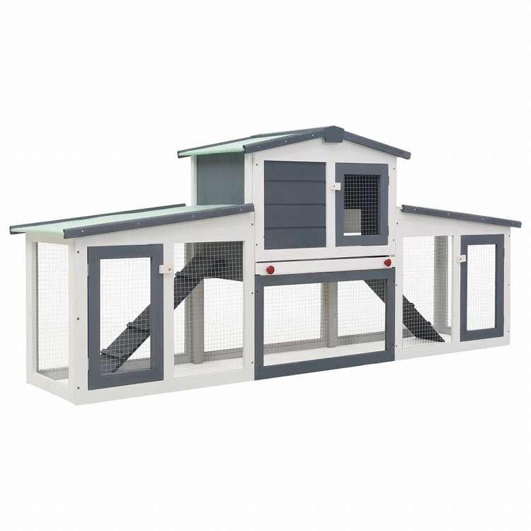 vidaXL 屋外用 大型うさぎ小屋 グレー&ホワイト 204x45x85cm 木製動物&ペット用品 ペット用品 小動物用品 小動物 飼育・ケージ(代引不可)