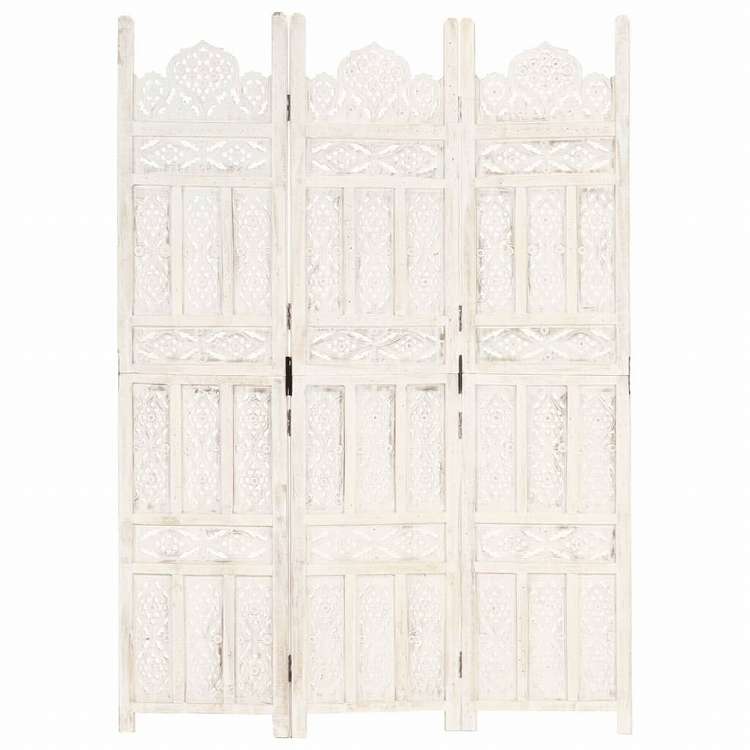 vidaXL 手彫り間仕切り 3枚パネル ホワイト 120x165cm マンゴー無垢材家具 間仕切り(代引不可)