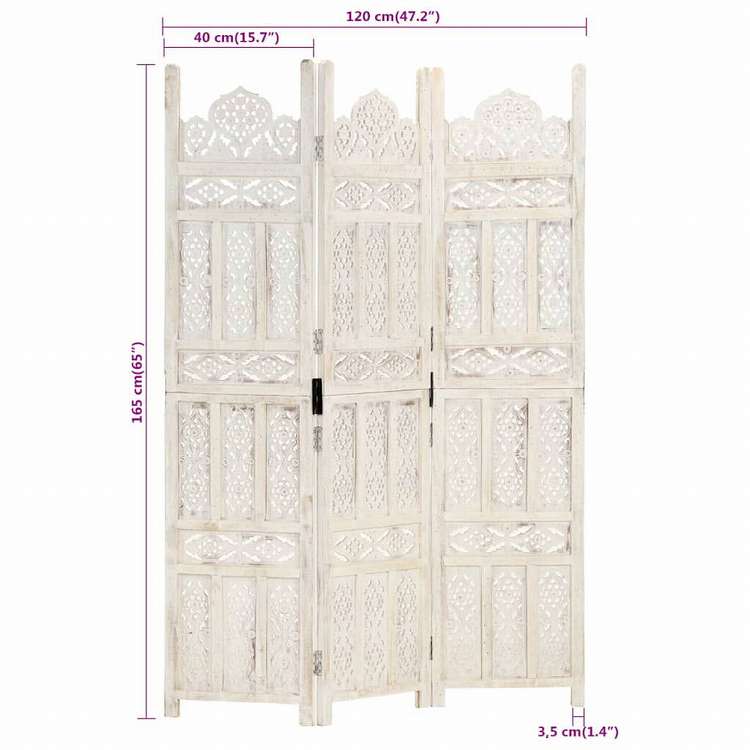 vidaXL 手彫り間仕切り 3枚パネル ホワイト 120x165cm マンゴー無垢材家具 間仕切り(代引不可)