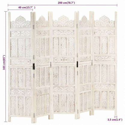 vidaXL 手彫り間仕切り 5枚パネル ホワイト 200x165cm マンゴー無垢材家具 間仕切り(代引不可)