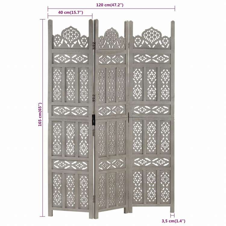 vidaXL 手彫り間仕切り 3枚パネル グレー 120x165cm マンゴー無垢材家具 間仕切り(代引不可)